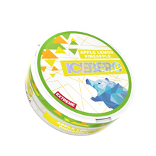 Iceberg Apple Lemon Pineapple Extreme nicotine pouches tin featuring a polar bear logo on a white background.