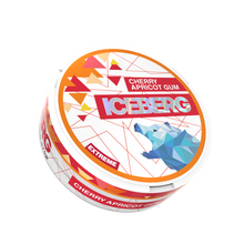Iceberg Extreme Cherry Apricot Gum nicotine pouches in a white tin featuring a geometric blue bear logo.