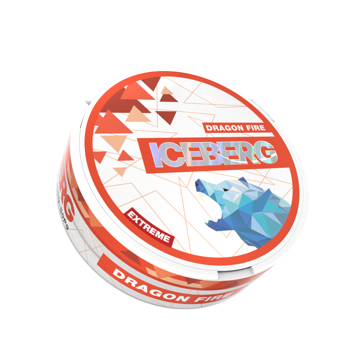 ICEBERG Dragon Fire Extreme 40mg (50mg/g) nicotine pouches can with red geometric design and blue polar bear logo.