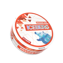 ICEBERG Dragon Fire Extreme 40mg (50mg/g) nicotine pouches can with red geometric design and blue polar bear logo.
