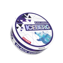 Iceberg Blackcurrant Extreme nicotine pouches in a white and purple tin with geometric bear design.