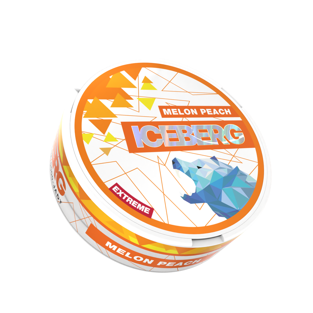 ICEBERG Melon Peach Extreme nicotine pouches tin with 84mg (120mg/g) strength and polar bear graphics.