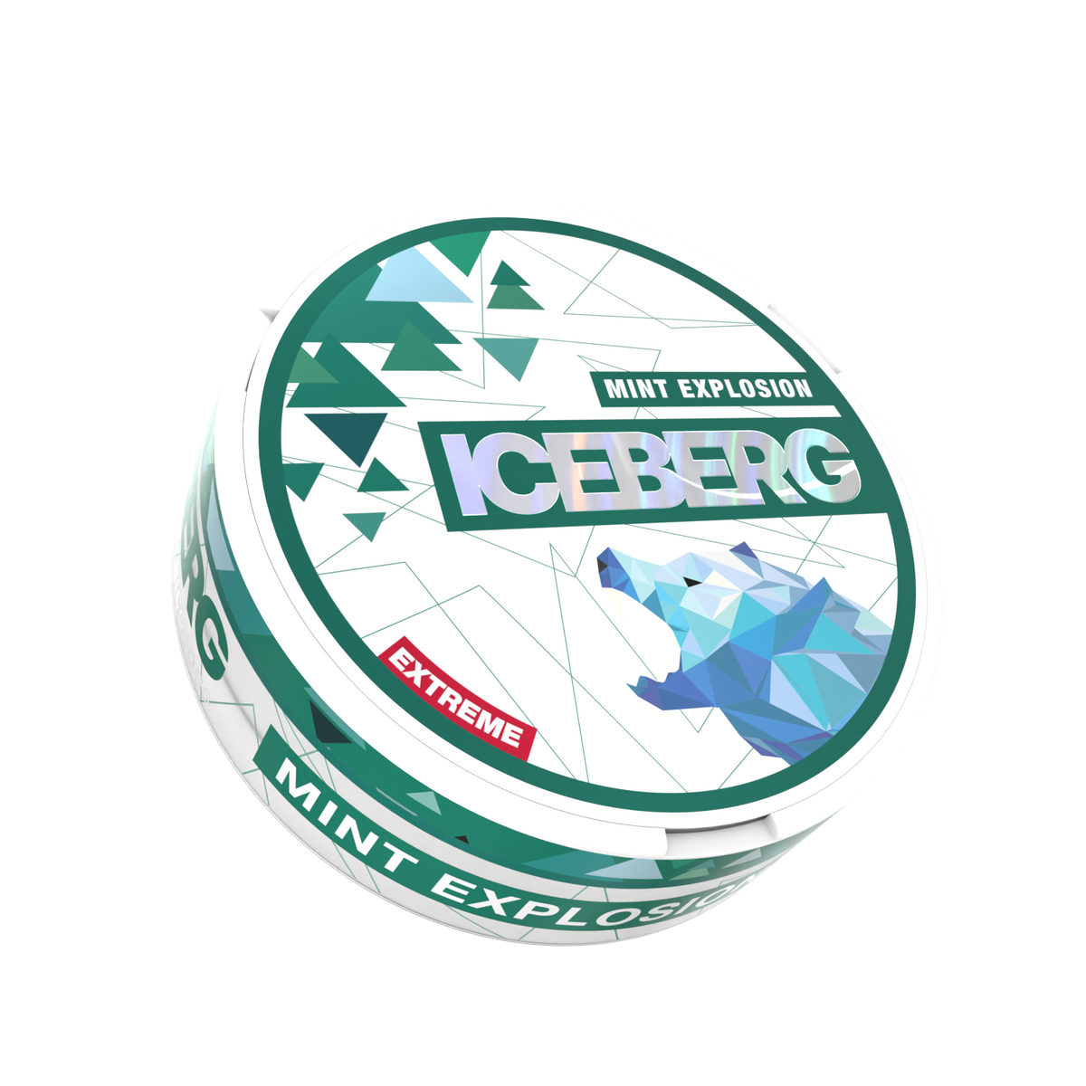 Iceberg Mint Explosion Extreme nicotine pouches can featuring a holographic brand logo and geometric polar bear design.