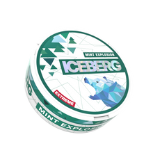 Iceberg Mint Explosion Extreme nicotine pouches can featuring a holographic brand logo and geometric polar bear design.
