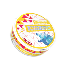 Iceberg Extreme Strawberry Banana Gum nicotine pouch can, 40mg (50mg/g) strength with polar bear and geometric fruit design.