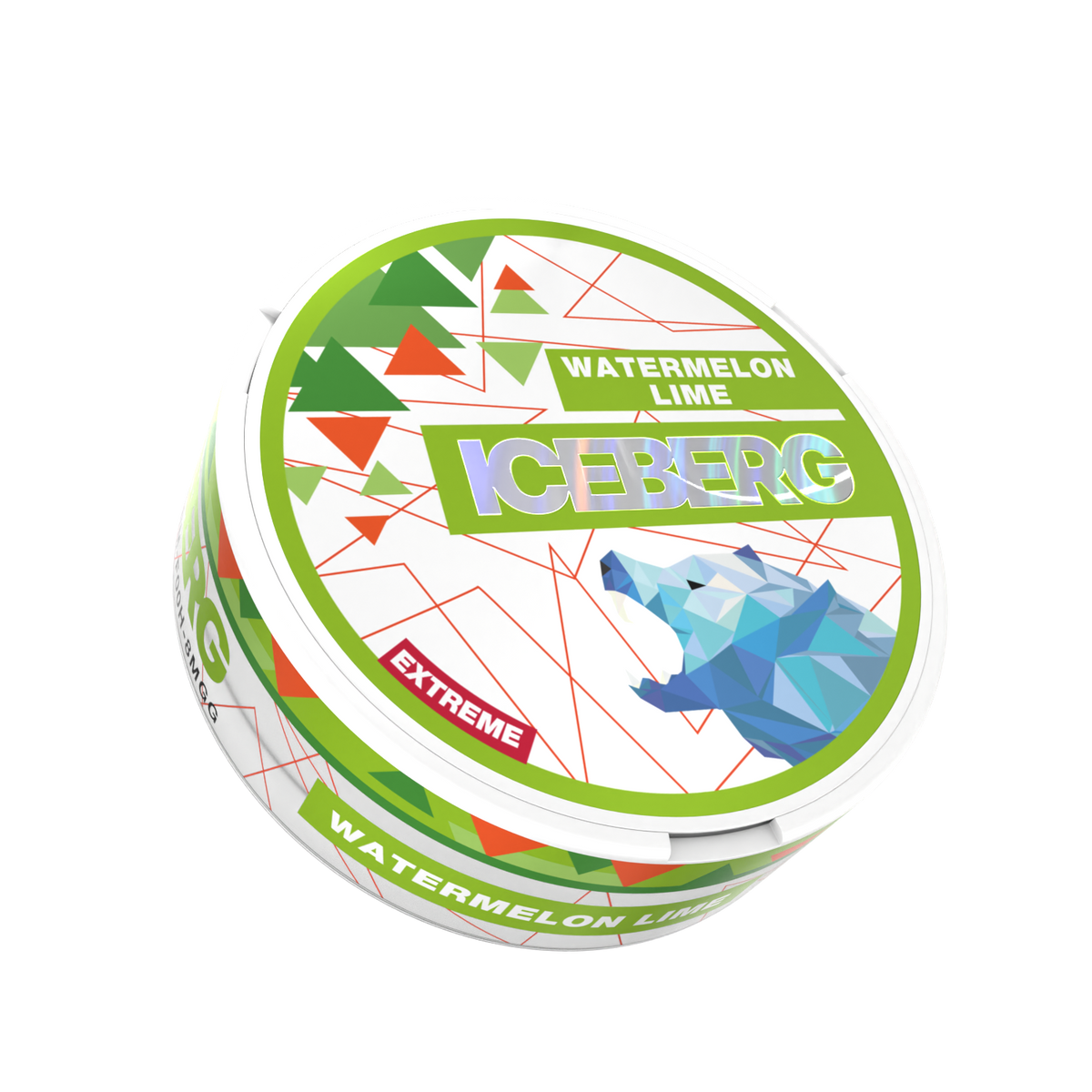 Iceberg Extreme Watermelon Lime nicotine pouches can featuring a polar bear design and green geometric patterns.