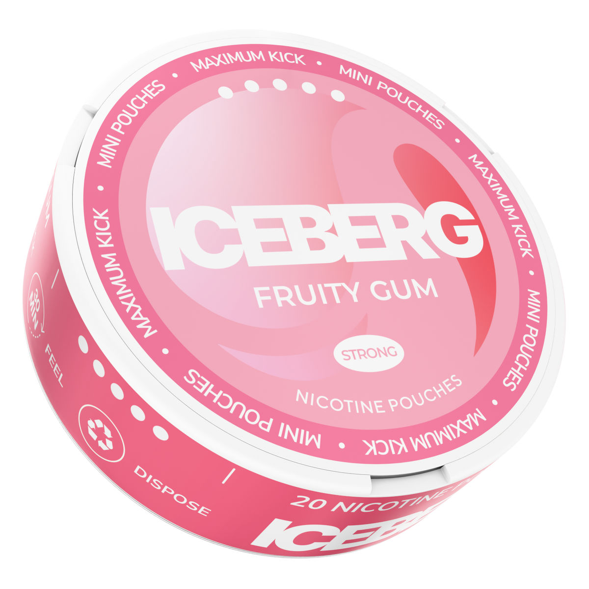 Iceberg Mini Fruity Gum Nicotine Pouches, 20mg (50mg/g) strong pink tin side view. Maximum kick mini format pouches.