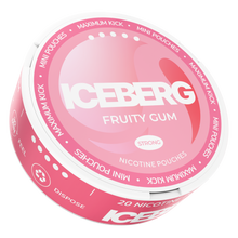 Iceberg Mini Fruity Gum Nicotine Pouches, 20mg (50mg/g) strong pink tin side view. Maximum kick mini format pouches.