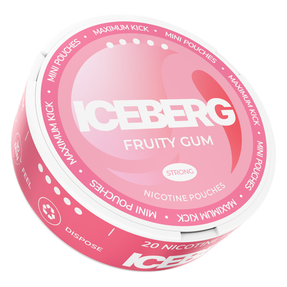Iceberg Mini Fruity Gum Nicotine Pouches, 20mg (50mg/g) strong pink tin side view. Maximum kick mini format pouches.