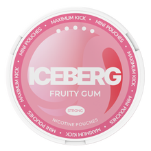 Top view of Iceberg Mini Fruity Gum Nicotine Pouches tin, 20mg (50mg/g) strong strength with pink and white branding.