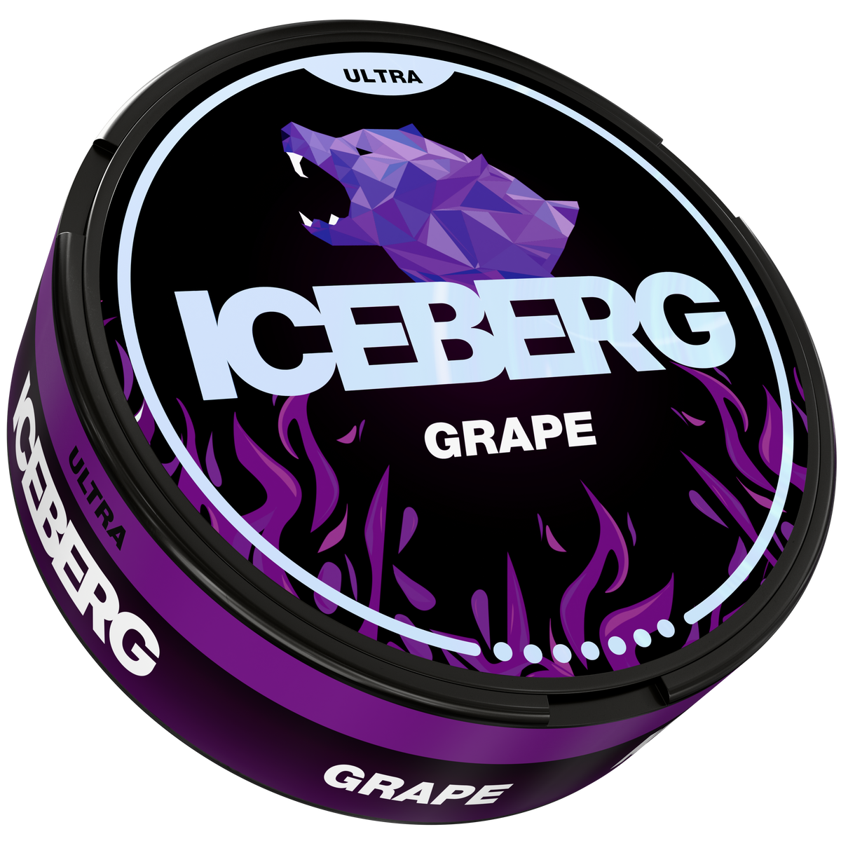 Side view of ICEBERG Grape Ultra Strong Nicotine Pouches can featuring a purple polar bear and flame design.