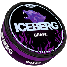 Side view of ICEBERG Grape Ultra Strong Nicotine Pouches can featuring a purple polar bear and flame design.