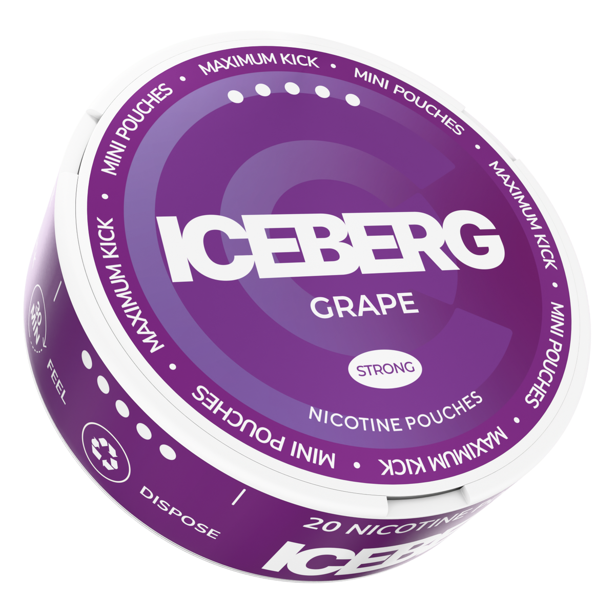 Iceberg Grape 20mg (50mg/g) Mini Nicotine Pouches can with purple grape design.