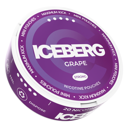 Iceberg Grape 20mg (50mg/g) Mini Nicotine Pouches can with purple grape design.