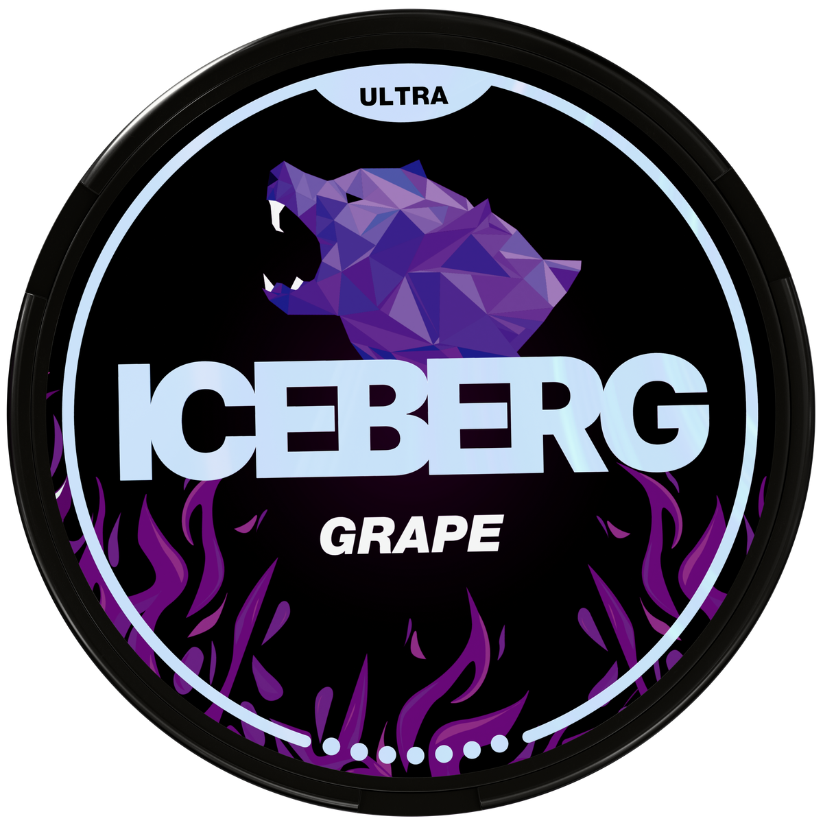 Iceberg Ultra Grape nicotine pouch can featuring a purple geometric polar bear logo and flame design.