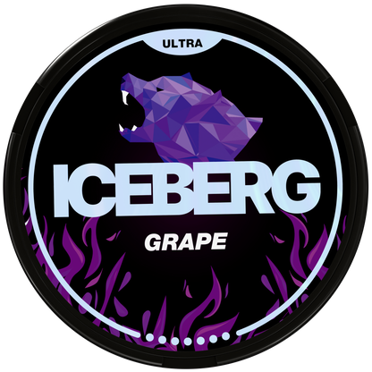Iceberg Ultra Grape nicotine pouch can featuring a purple geometric polar bear logo and flame design.