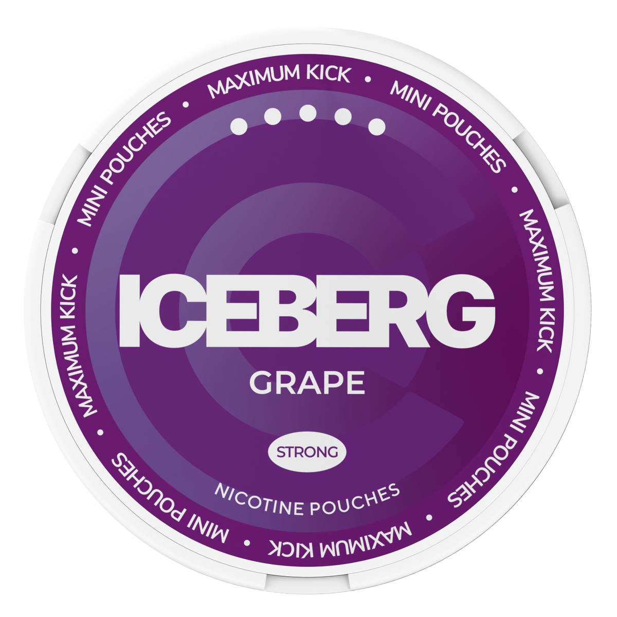 Top view of Iceberg Grape Mini Nicotine Pouches, 20mg (50mg/g) strong maximum kick, purple and white compact container lid.