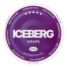 Top view of Iceberg Grape Mini Nicotine Pouches, 20mg (50mg/g) strong maximum kick, purple and white compact container lid.