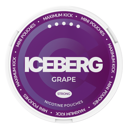 Top view of Iceberg Grape Mini Nicotine Pouches, 20mg (50mg/g) strong maximum kick, purple and white compact container lid.