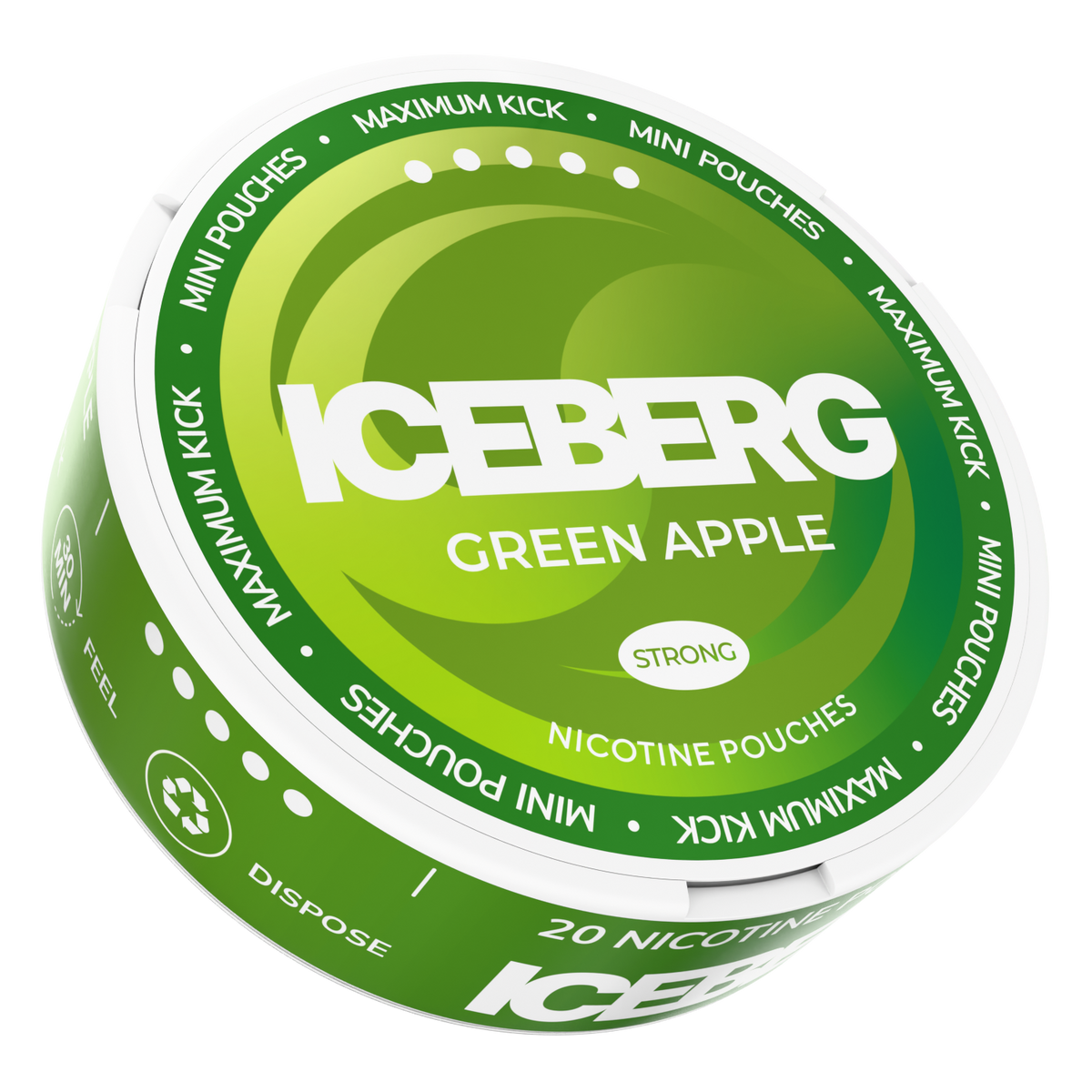 Iceberg Mini Green Apple 20mg (50mg/g) strong nicotine pouches, can with green swirl design.