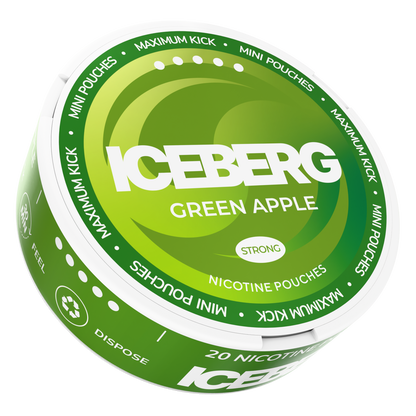 Iceberg Mini Green Apple 20mg (50mg/g) strong nicotine pouches, can with green swirl design.