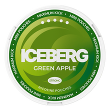 Iceberg Mini Green Apple nicotine pouches 20mg (50mg/g) strong, circular green can with Maximum Kick label.