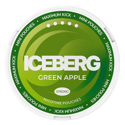 Iceberg Mini Green Apple nicotine pouches 20mg (50mg/g) strong, circular green can with Maximum Kick label.