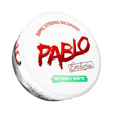 PABLO Exclusive Green Mint Nicotine Pouches tin, 50mg strong nicopods on a clean white background.