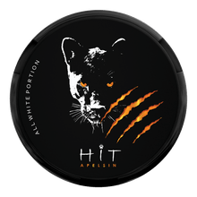 HIT Apelsin All White Nicotine Pouches can featuring an orange-eyed panther and citrus-colored claw marks.