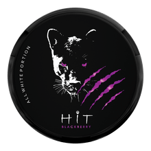 HIT Blackberry Strong All White Nicotine Pouches can featuring a panther and purple claw marks on a black background.