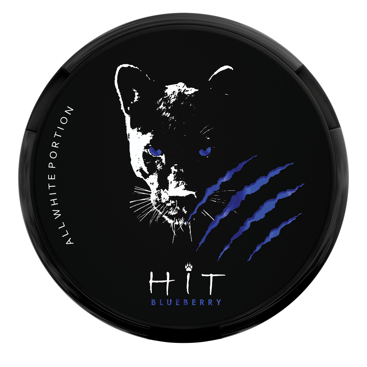 HIT Blueberry Nicotine Pouches can with black panther and blue claw mark design, all-white tobacco-free portion.