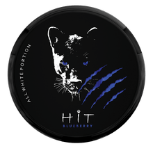 HIT Blueberry Nicotine Pouches can with black panther and blue claw mark design, all-white tobacco-free portion.