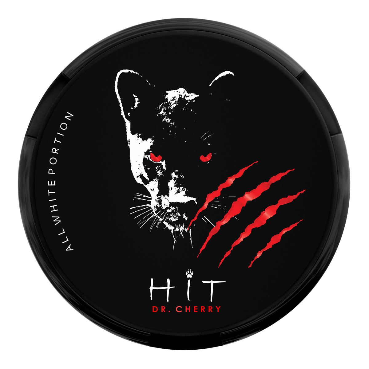 HIT Dr Cherry Nicotine Pouches can with panther and red claw mark design, 15mg extra strong all-white pouches.