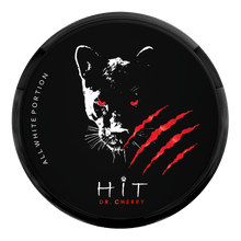 HIT Dr Cherry Nicotine Pouches can with panther and red claw mark design, 15mg extra strong all-white pouches.