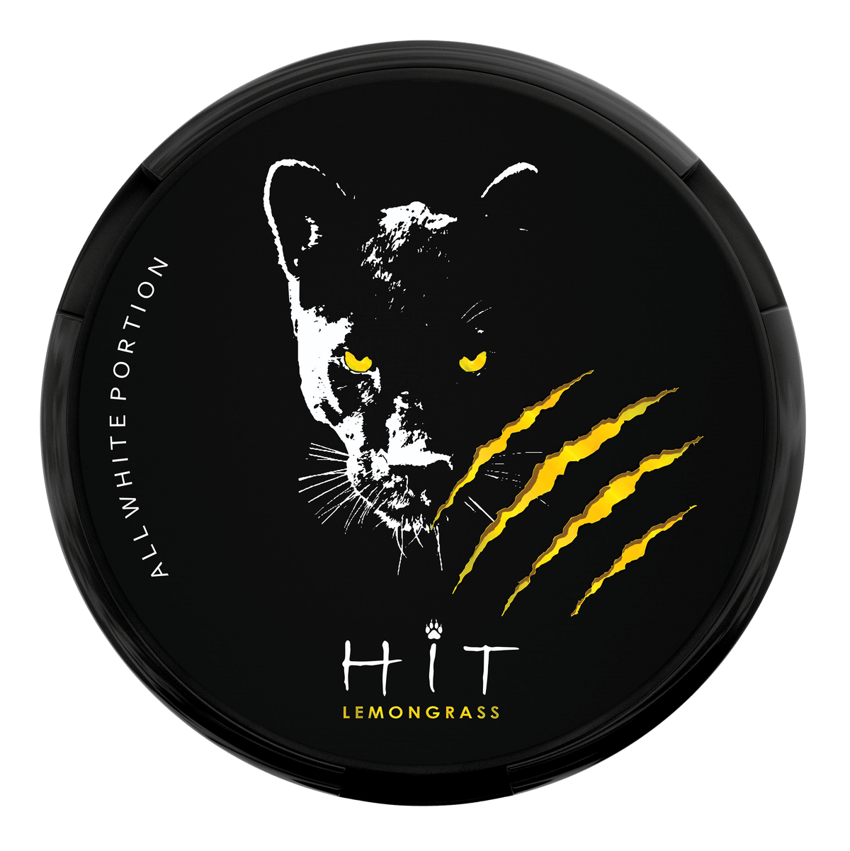 HIT Lemongrass All White Nicotine Pouches can featuring a black panther with yellow eyes and claw marks.