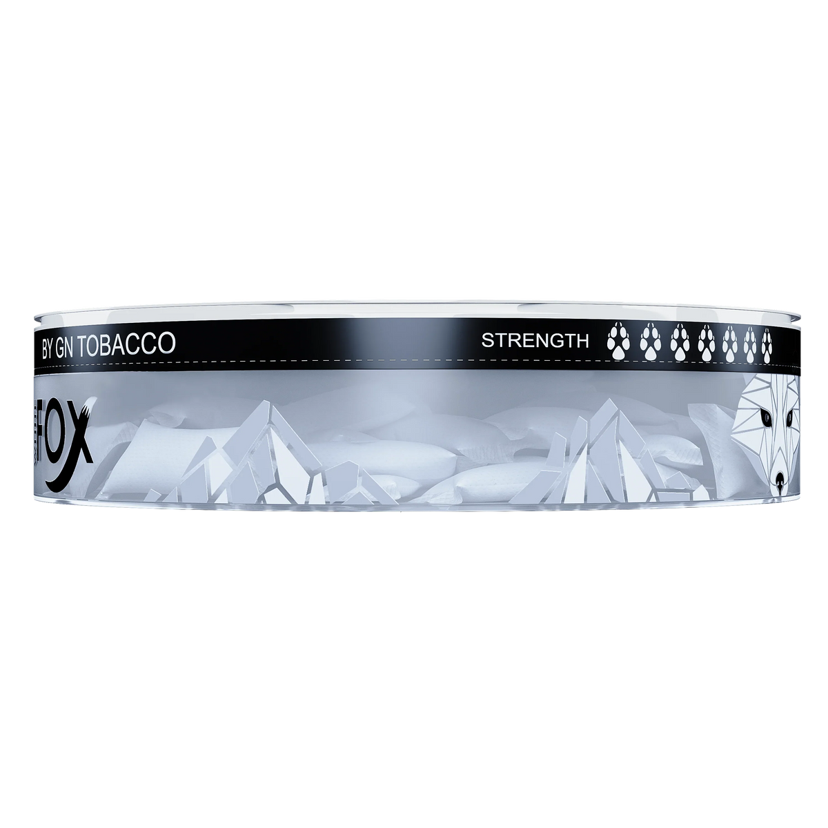 Side view of White Fox Black nicotine pouches in a transparent tin with mountain graphics and paw print strength meter.