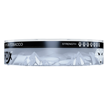 Side view of White Fox Black nicotine pouches in a transparent tin with mountain graphics and paw print strength meter.