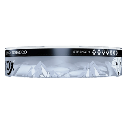 Side view of White Fox Black nicotine pouches in a transparent tin with mountain graphics and paw print strength meter.