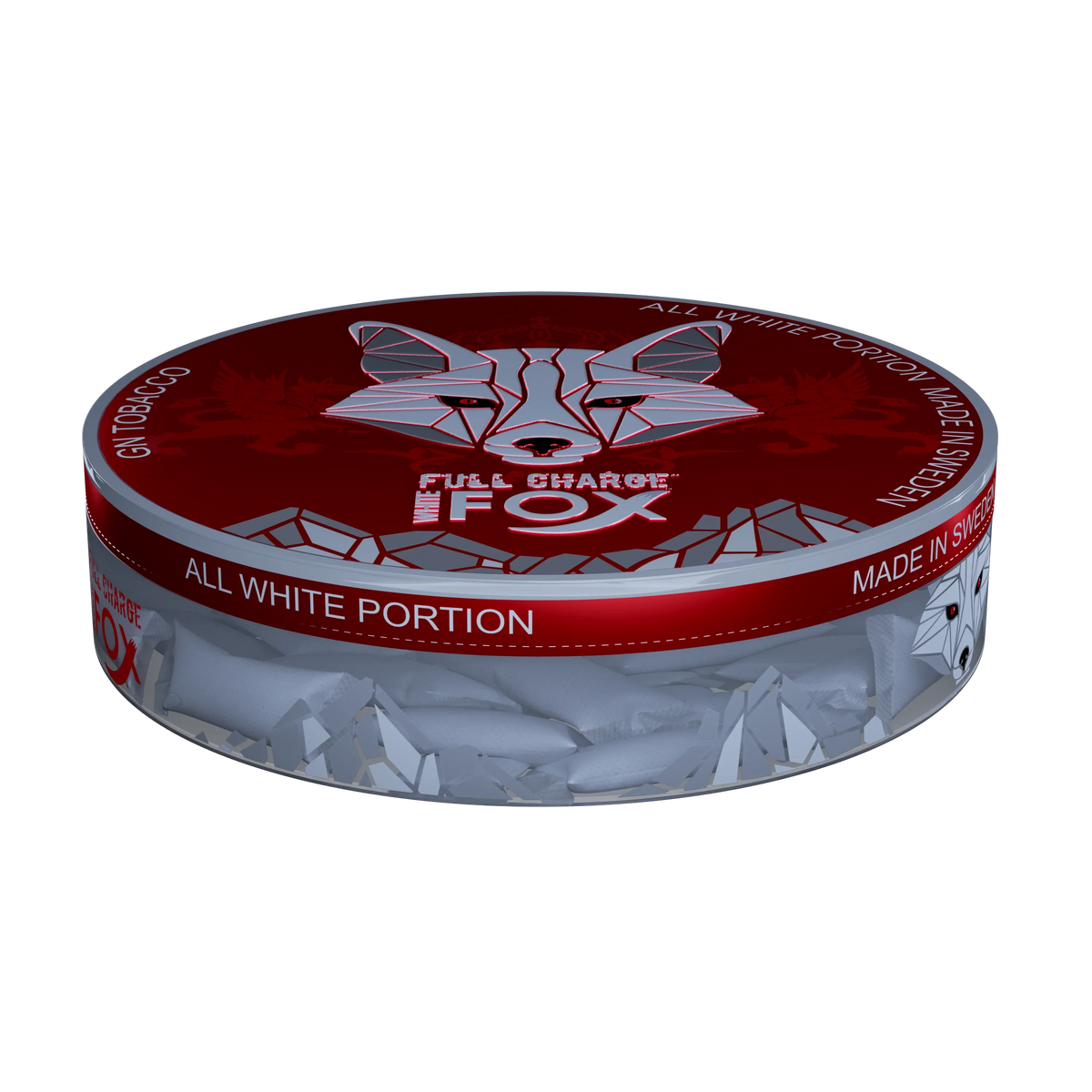 White Fox Full Charge tobacco-free nicotine pouches in a red and silver can featuring a geometric fox logo.