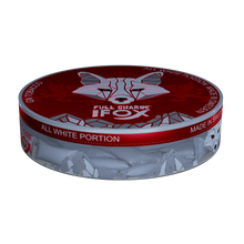 White Fox Full Charge tobacco-free nicotine pouches in a red and silver can featuring a geometric fox logo.