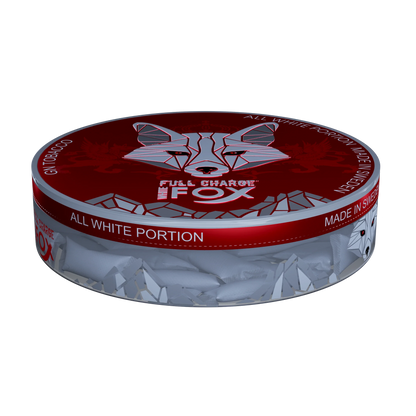 White Fox Full Charge tobacco-free nicotine pouches in a red and silver can featuring a geometric fox logo.