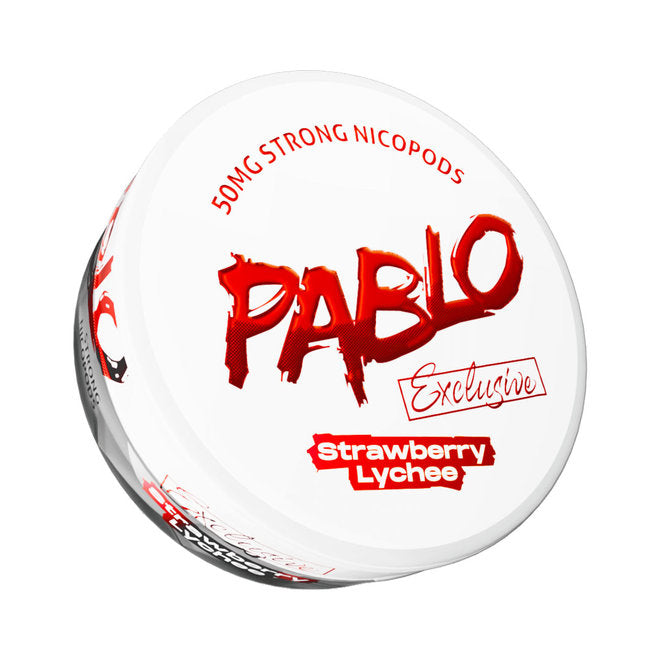 PABLO Exclusive Strawberry Lychee Nicotine Pouches can, 50mg extra strong tobacco-free nicopods on white background.