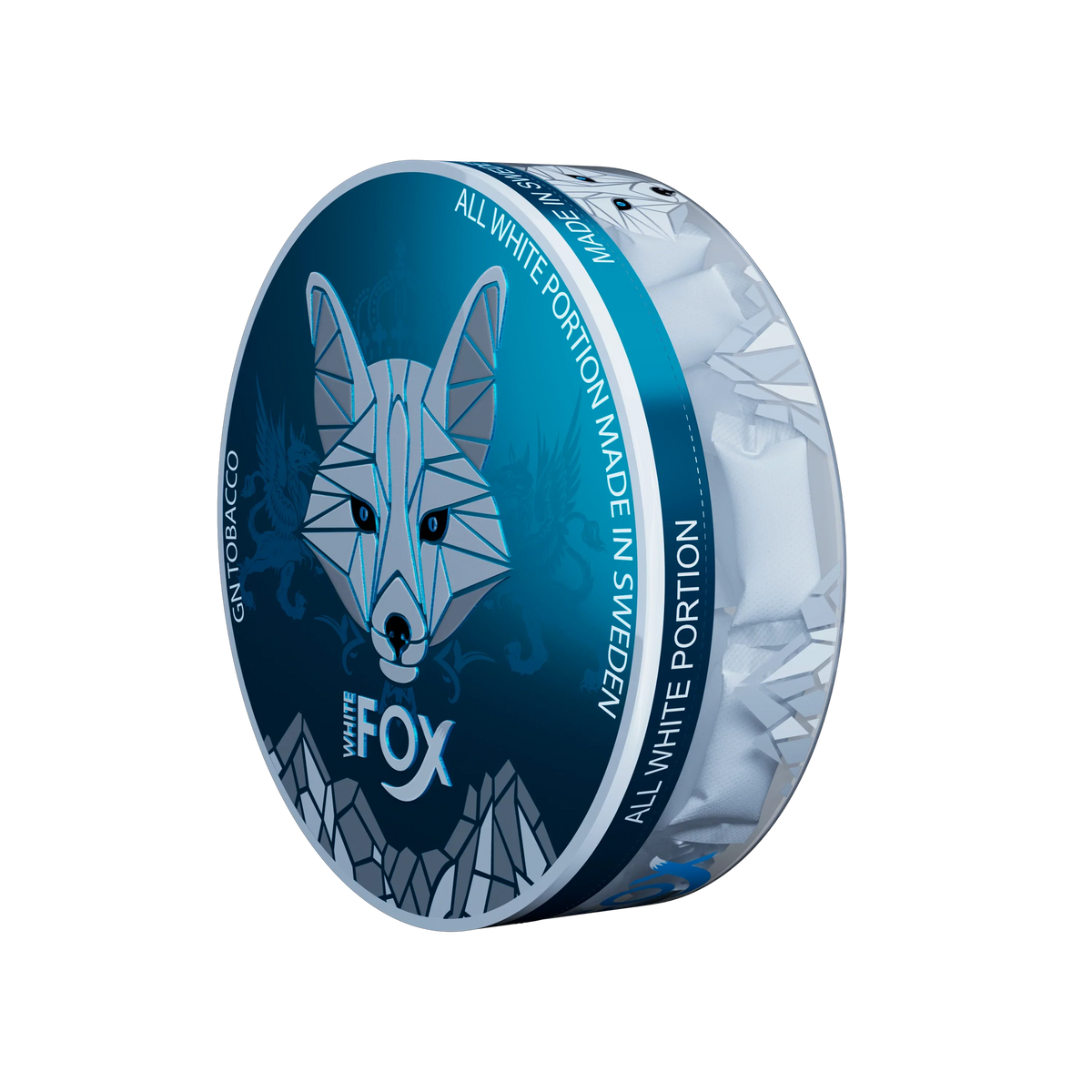 White Fox Slim All White Nicotine Pouches can with 12mg mint portions visible through a clear side panel.