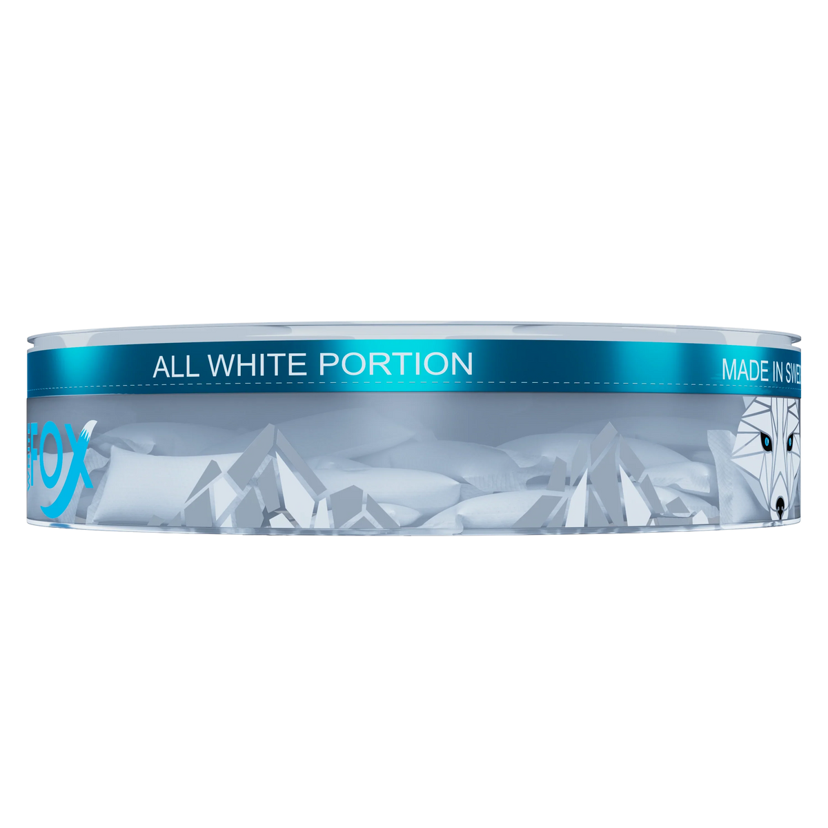 White Fox Slim All White Nicotine Pouches in a transparent 12mg tin, showcasing tobacco-free mint portions.