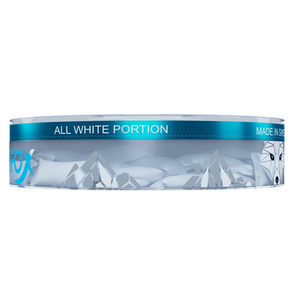 White Fox Slim All White Nicotine Pouches in a transparent 12mg tin, showcasing tobacco-free mint portions.