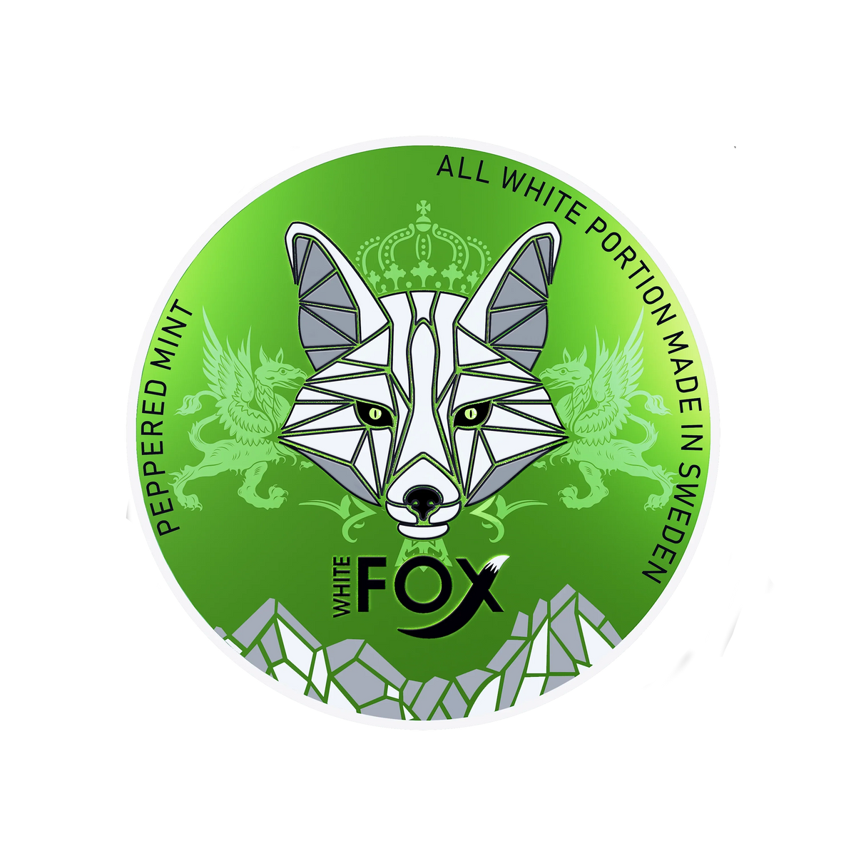 White Fox Peppered Mint nicotine pouch lid with green fox head logo, griffins, and crown on a green background.