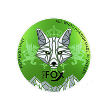 White Fox Peppered Mint nicotine pouch lid with green fox head logo, griffins, and crown on a green background.