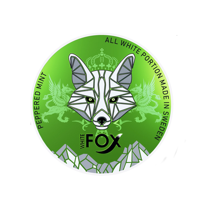 White Fox Peppered Mint nicotine pouch lid with green fox head logo, griffins, and crown on a green background.