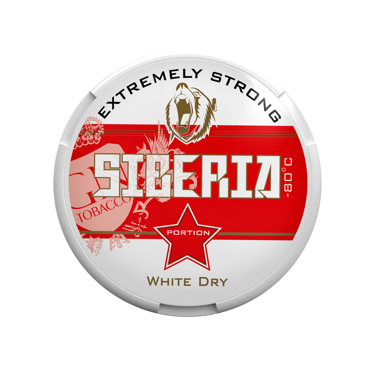 SIBERIA Red White Dry Portion 34.4MG tobacco chew bags in a round white can with Extremely Strong branding and red star icon