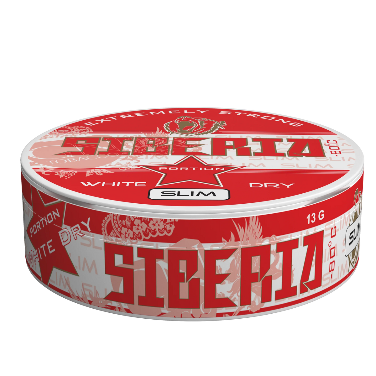 SIBERIA Slim Red White Dry Portion chew bags in a 13g red and white can, mint and spearmint with tobacco